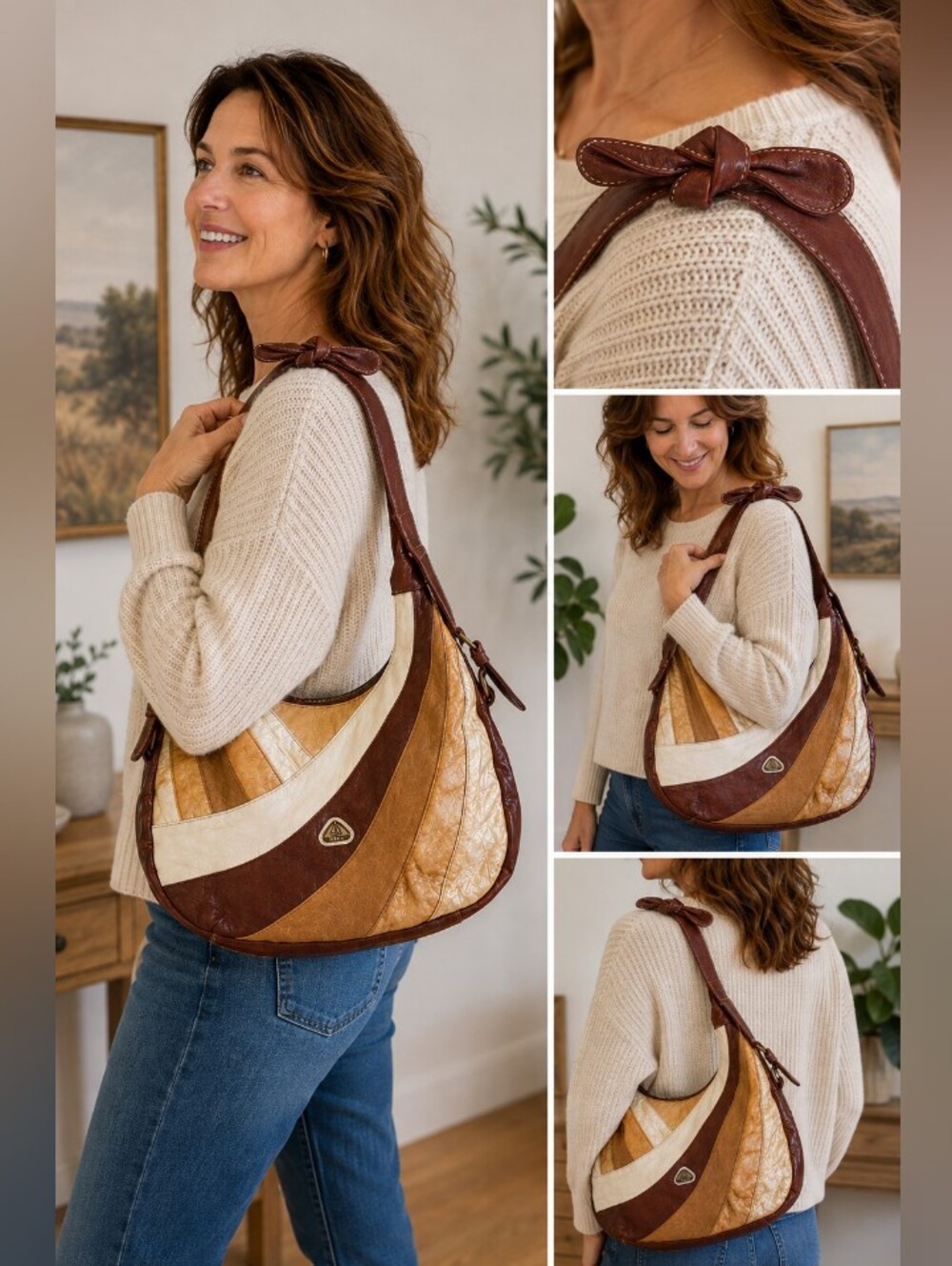 Vintage 1990s HARA Genuine Leather Patchwork Hobo Shoulder Bag Boho Y2K